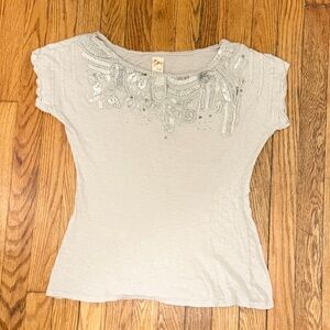 Anthropologie Brand Light Gray Embroidered Top. Size Large